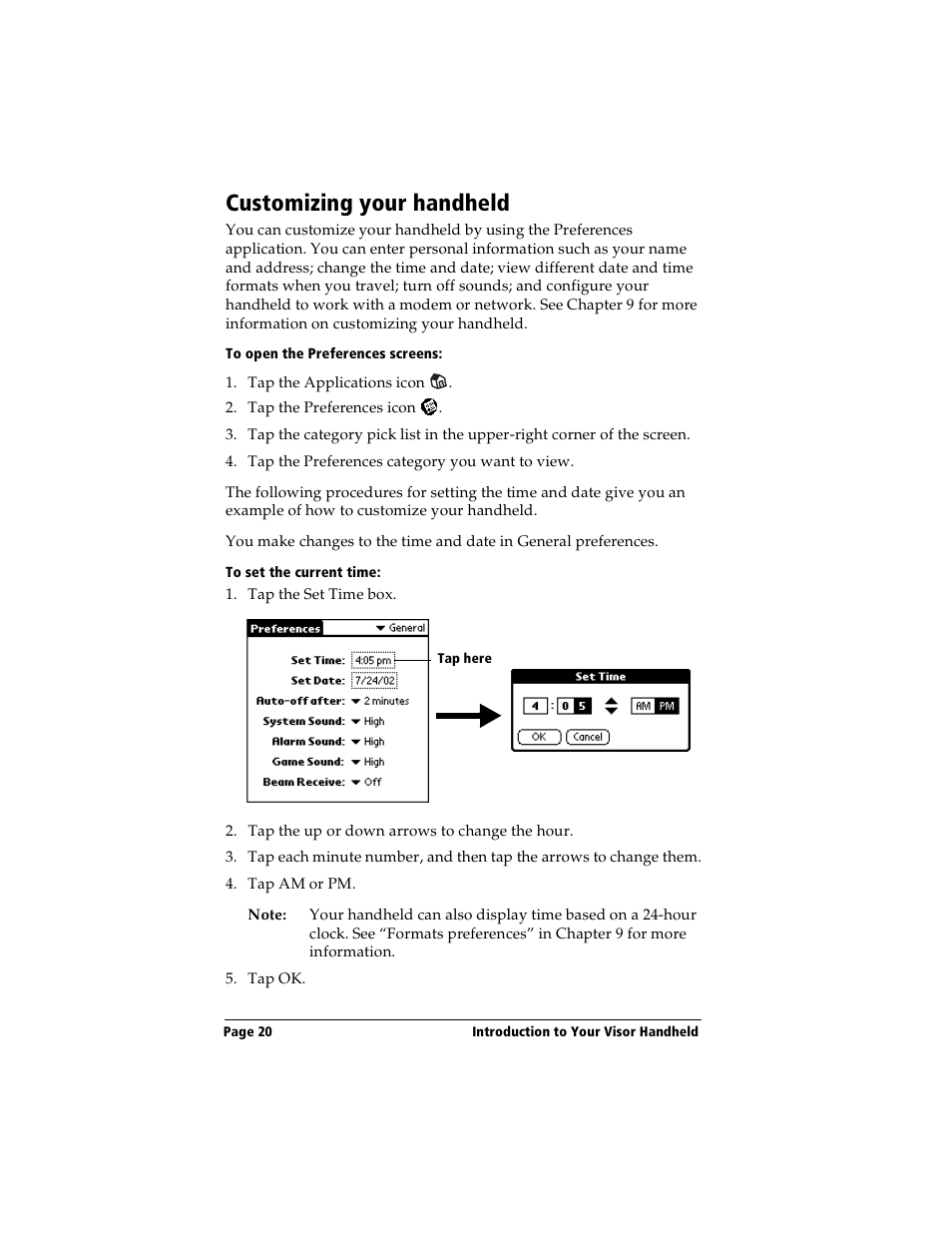 Customizing your handheld, To open the preferences screens, To set the current time | Handspring Visor Deluxe Handheld User Manual | Page 28 / 282