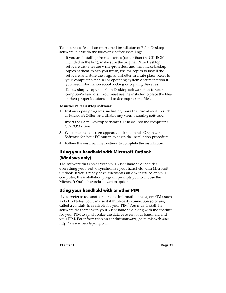 To install palm desktop software, Using your handheld with another pim | Handspring Visor Deluxe Handheld User Manual | Page 31 / 282