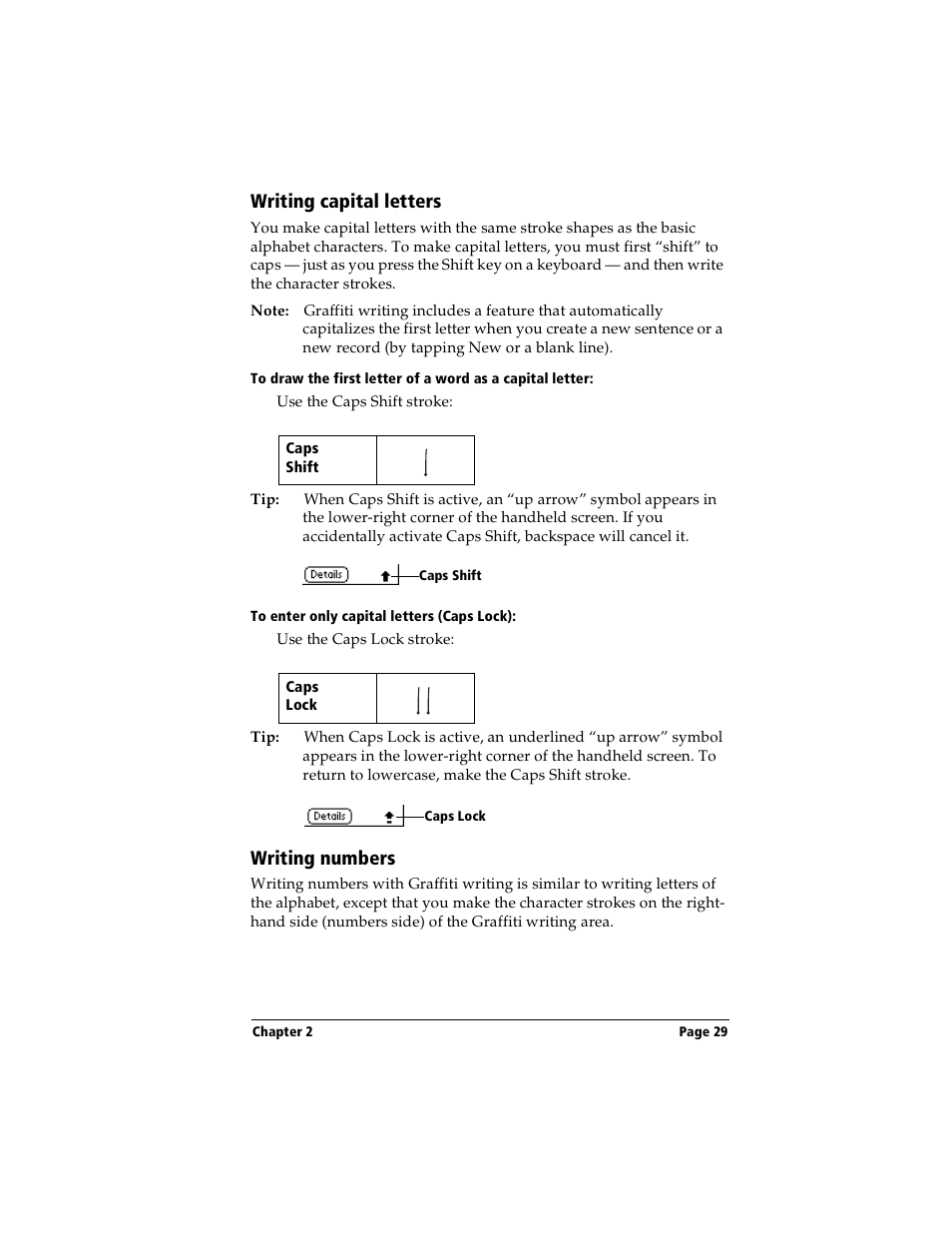 Writing capital letters, To enter only capital letters (caps lock), Writing numbers | Writing capital letters writing numbers | Handspring Visor Deluxe Handheld User Manual | Page 37 / 282