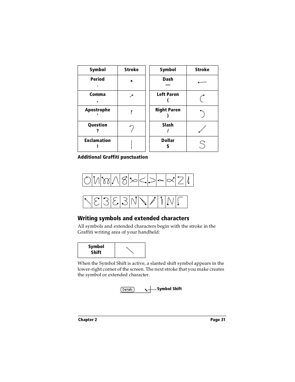 Additional graffiti punctuation, Writing symbols and extended characters | Handspring Visor Deluxe Handheld User Manual | Page 39 / 282