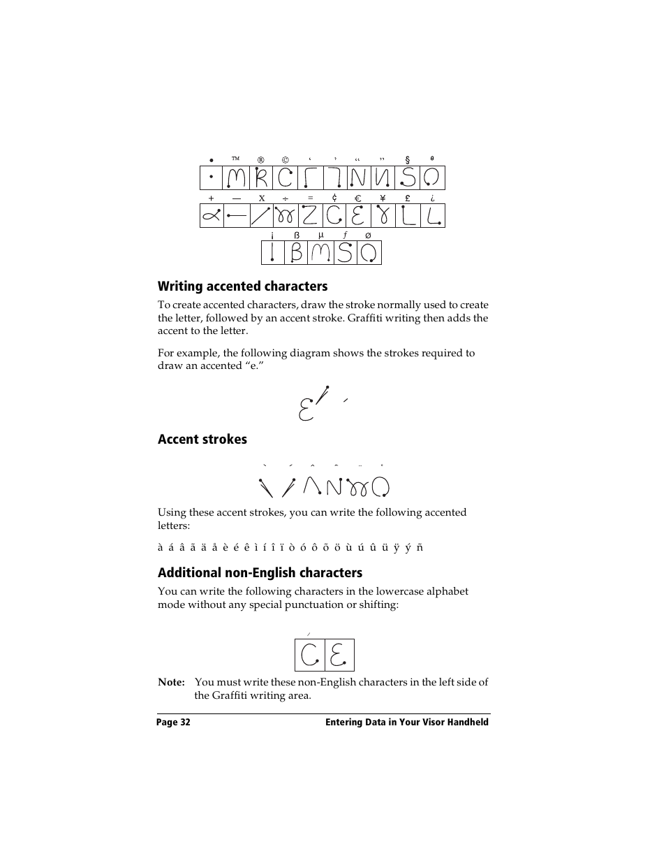 Writing accented characters, Accent strokes, Additional non-english characters | Handspring Visor Deluxe Handheld User Manual | Page 40 / 282