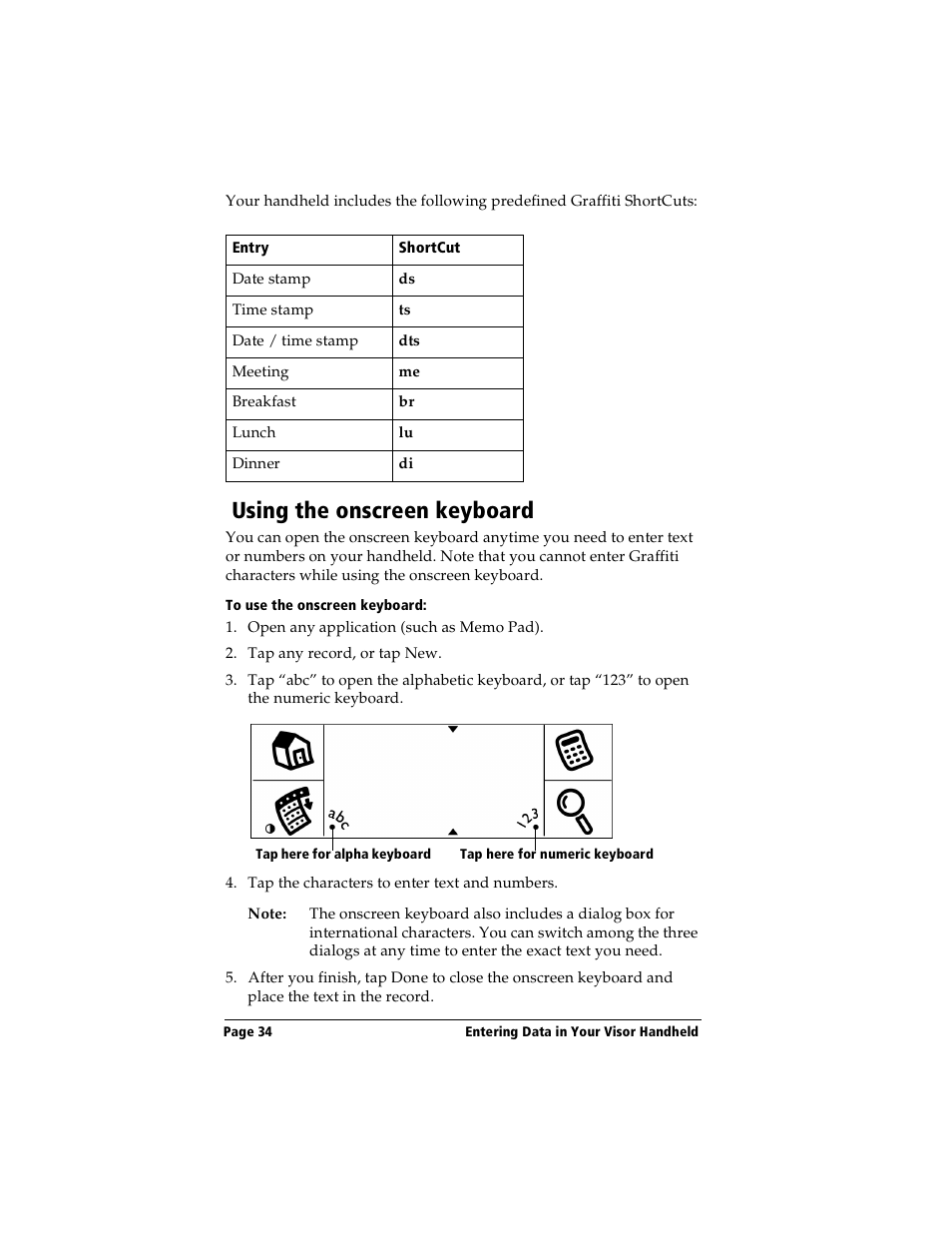 Using the onscreen keyboard, To use the onscreen keyboard | Handspring Visor Deluxe Handheld User Manual | Page 42 / 282