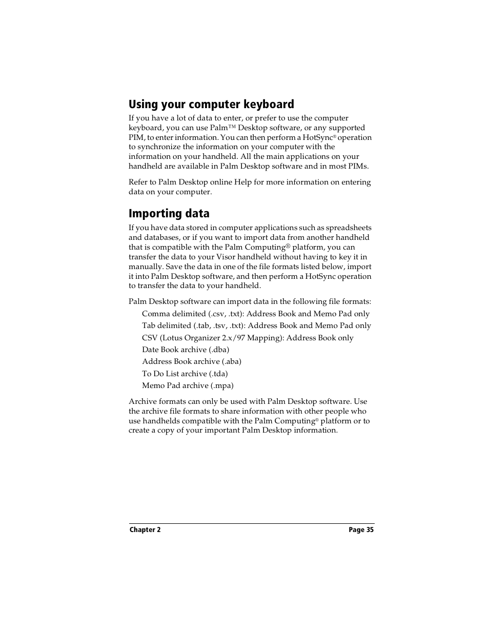 Using your computer keyboard, Importing data, Using your computer keyboard importing data | Using phone lookup | Handspring Visor Deluxe Handheld User Manual | Page 43 / 282