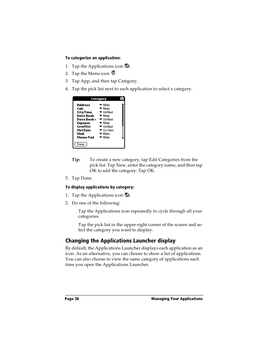 To categorize an application, To display applications by category, Changing the applications launcher display | Handspring Visor Deluxe Handheld User Manual | Page 46 / 282