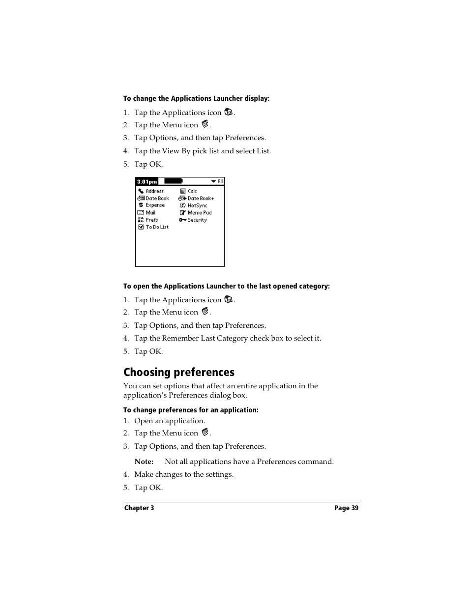 To change the applications launcher display, Choosing preferences, To change preferences for an application | Handspring Visor Deluxe Handheld User Manual | Page 47 / 282
