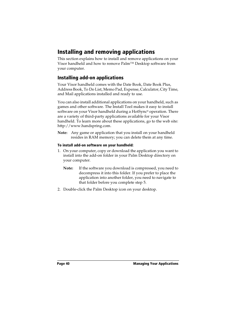 Installing and removing applications, Installing add-on applications, To install add-on software on your handheld | Handspring Visor Deluxe Handheld User Manual | Page 48 / 282