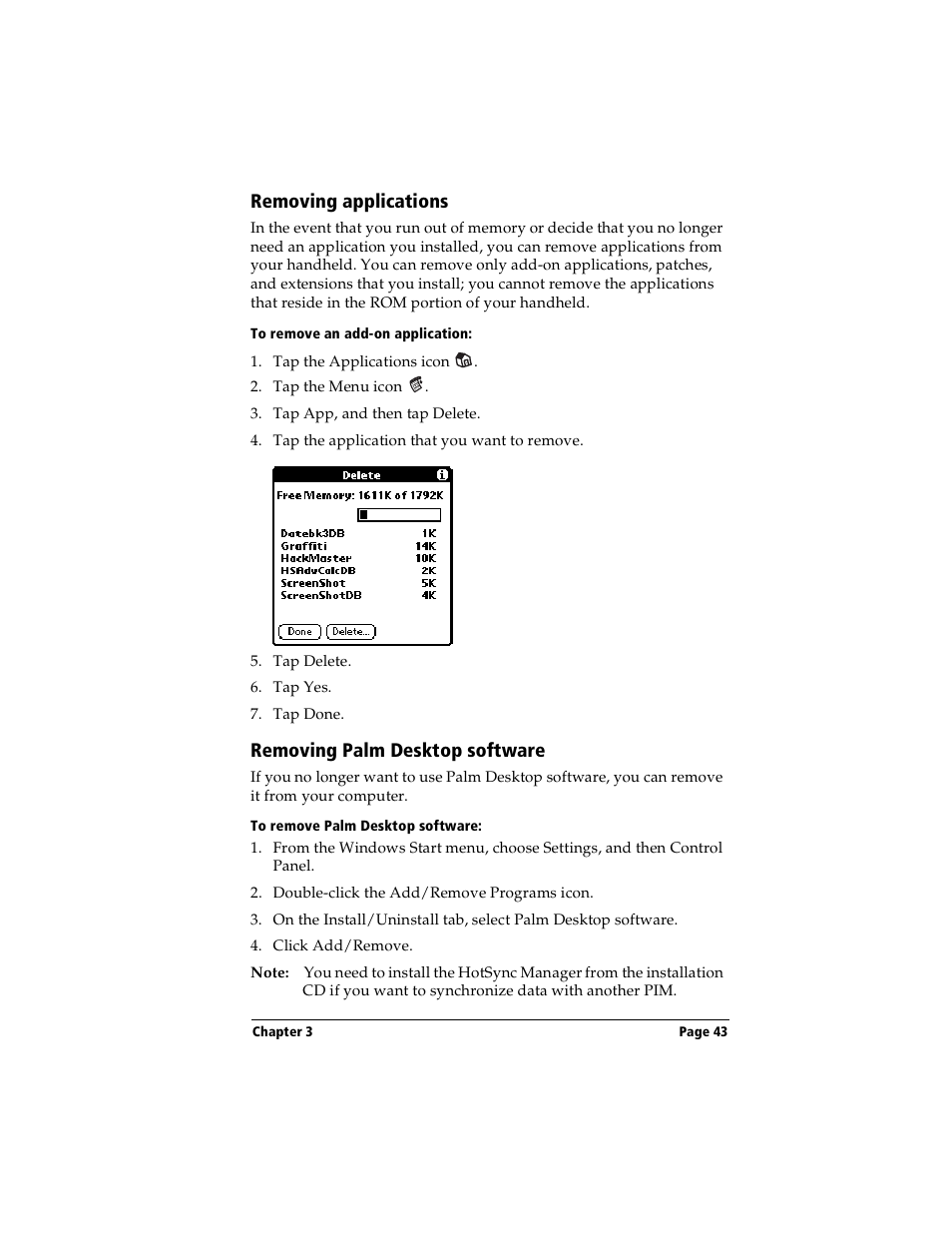 Removing applications, To remove an add-on application, Removing palm desktop software | To remove palm desktop software | Handspring Visor Deluxe Handheld User Manual | Page 51 / 282