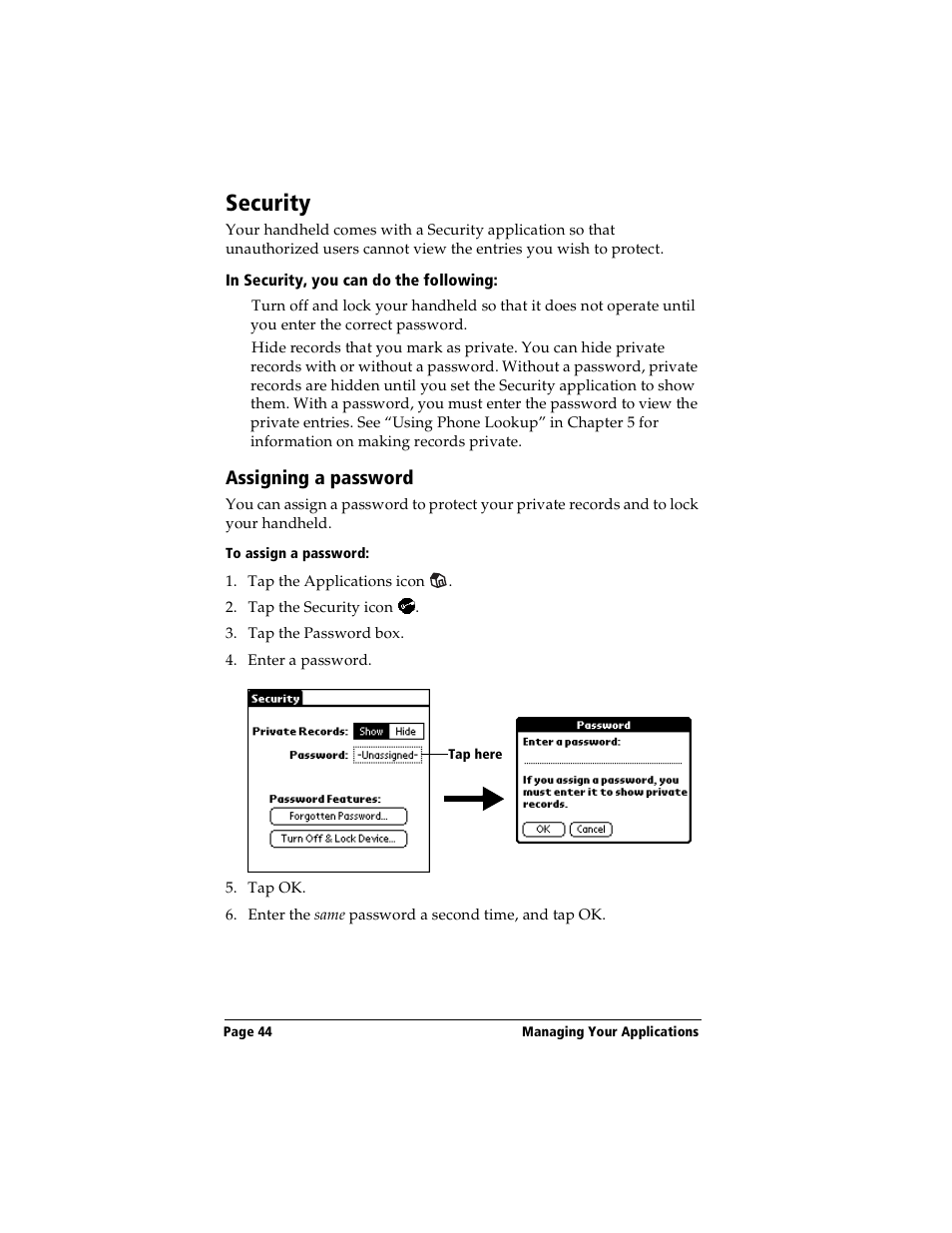 Security, In security, you can do the following, Assigning a password | To assign a password | Handspring Visor Deluxe Handheld User Manual | Page 52 / 282
