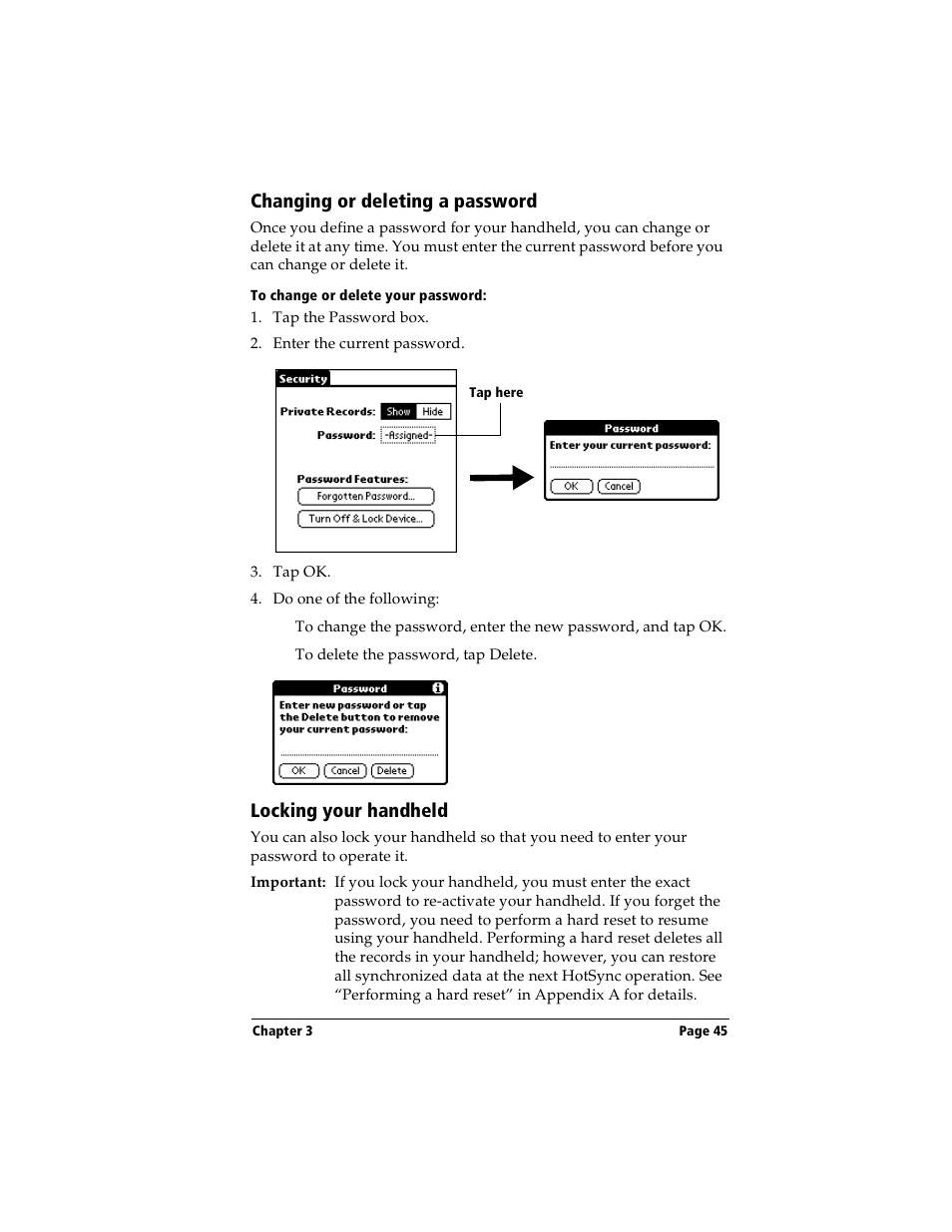 Changing or deleting a password, To change or delete your password, Locking your handheld | Handspring Visor Deluxe Handheld User Manual | Page 53 / 282