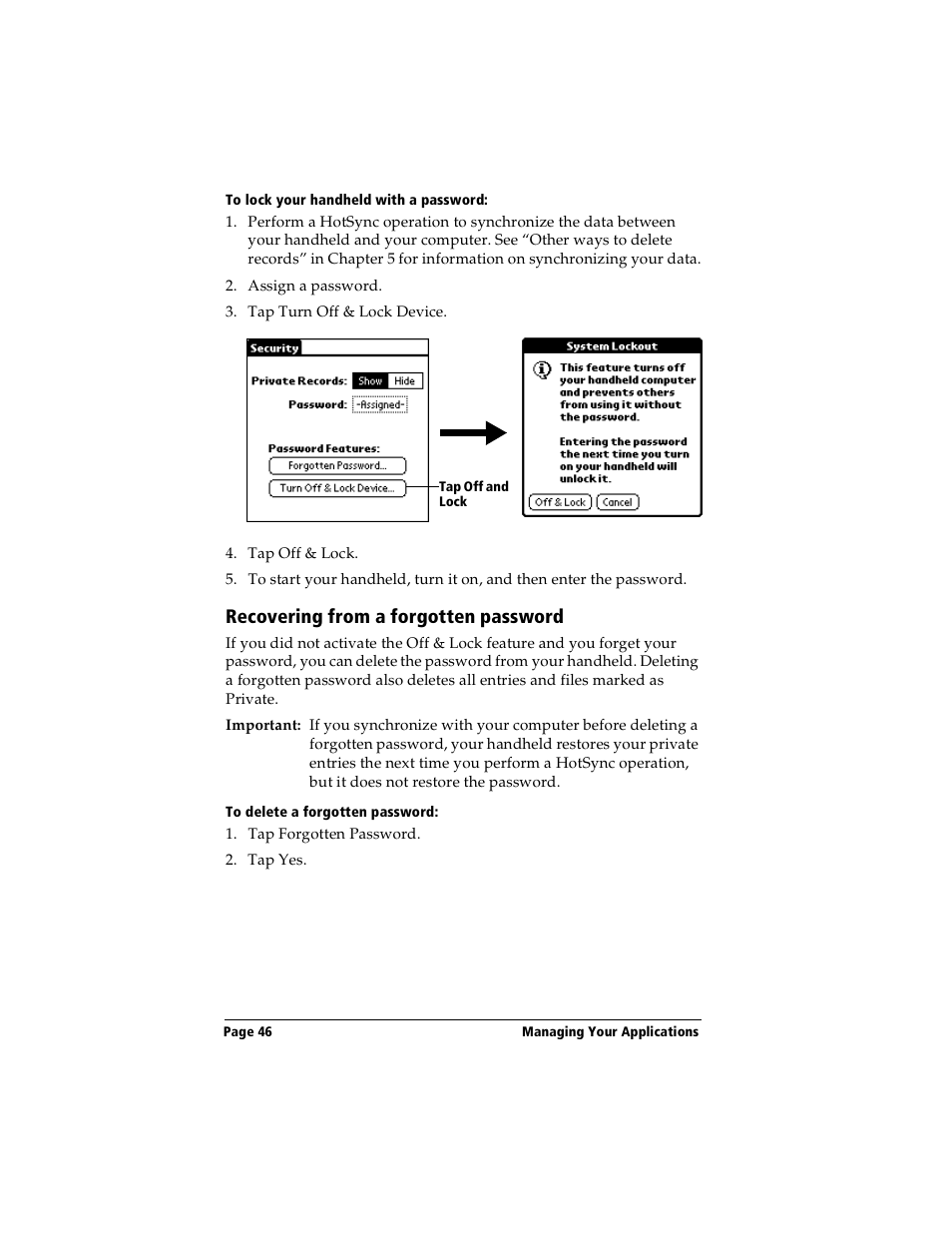 To lock your handheld with a password, Recovering from a forgotten password, To delete a forgotten password | Handspring Visor Deluxe Handheld User Manual | Page 54 / 282