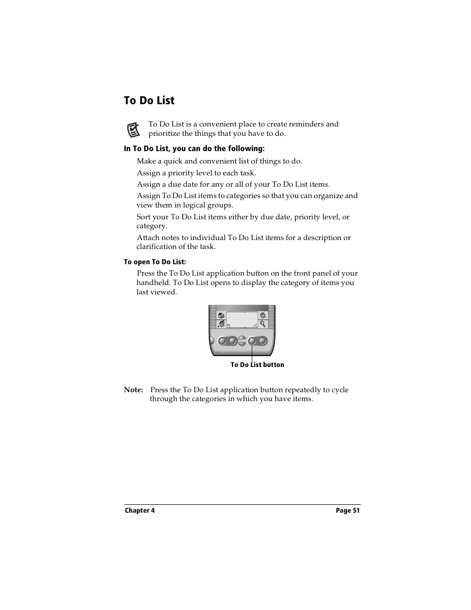 To do list, In to do list, you can do the following, To open to do list | Handspring Visor Deluxe Handheld User Manual | Page 59 / 282
