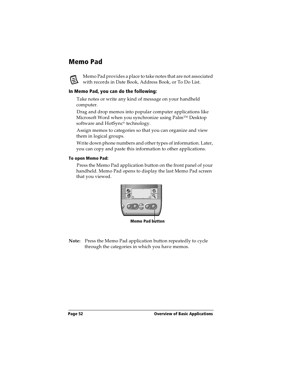 Memo pad, In memo pad, you can do the following, To open memo pad | Handspring Visor Deluxe Handheld User Manual | Page 60 / 282