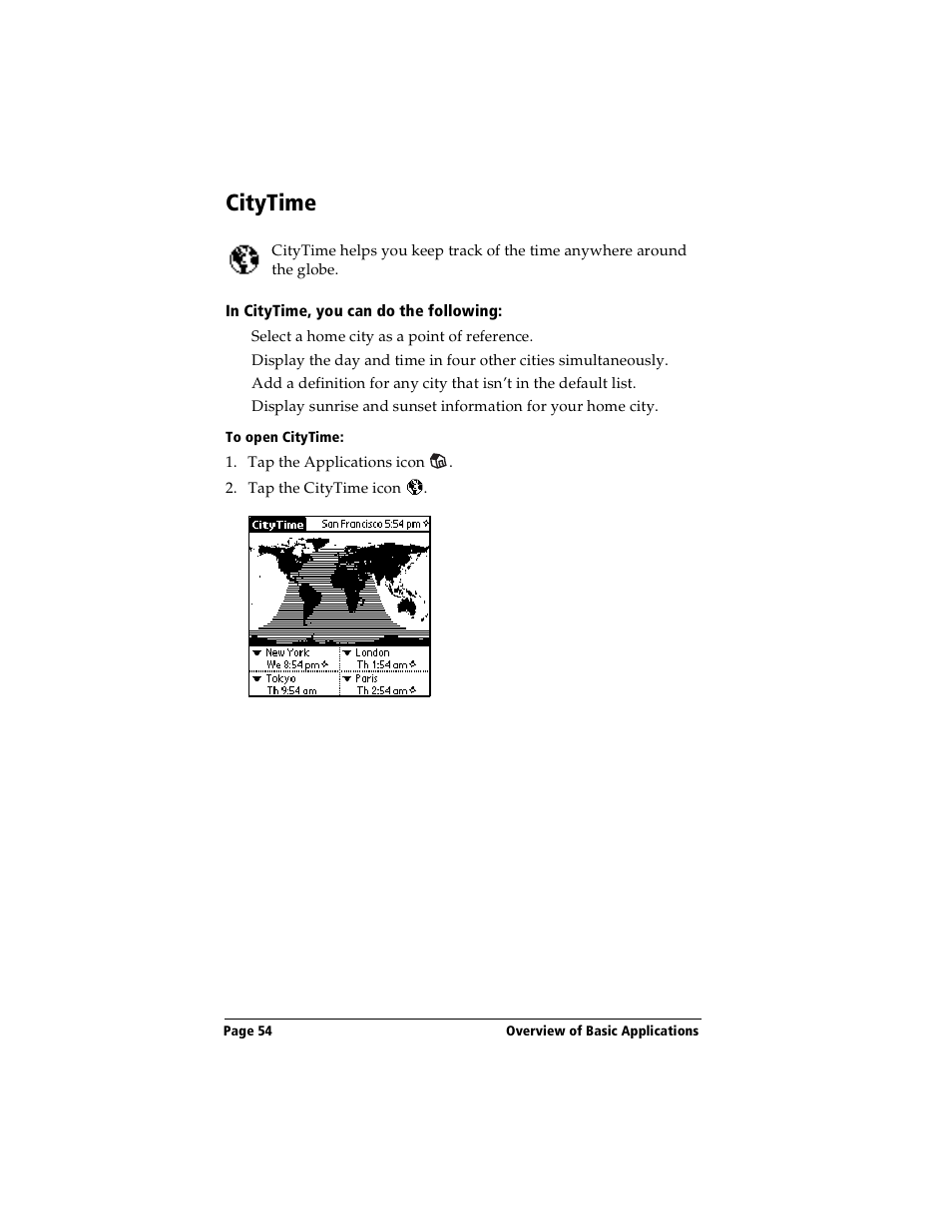 Citytime, In citytime, you can do the following, To open citytime | Handspring Visor Deluxe Handheld User Manual | Page 62 / 282