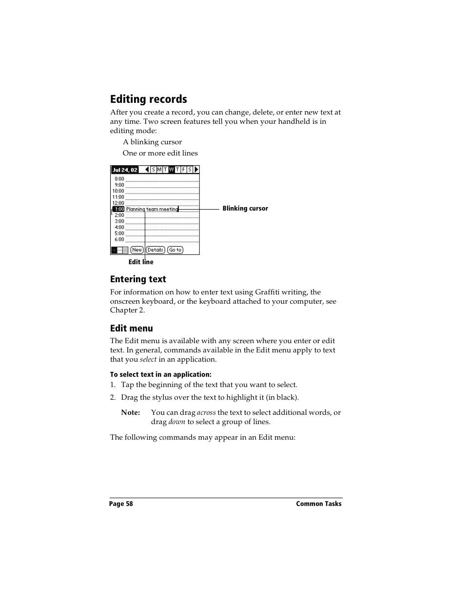 Editing records, Entering text, Edit menu | To select text in an application, Entering text edit menu, In “editing records | Handspring Visor Deluxe Handheld User Manual | Page 66 / 282