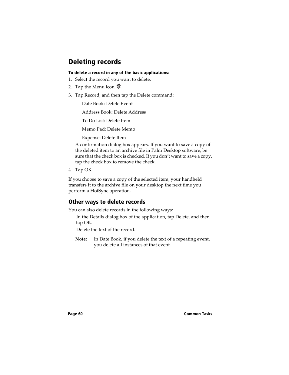 Deleting records, Other ways to delete records | Handspring Visor Deluxe Handheld User Manual | Page 68 / 282