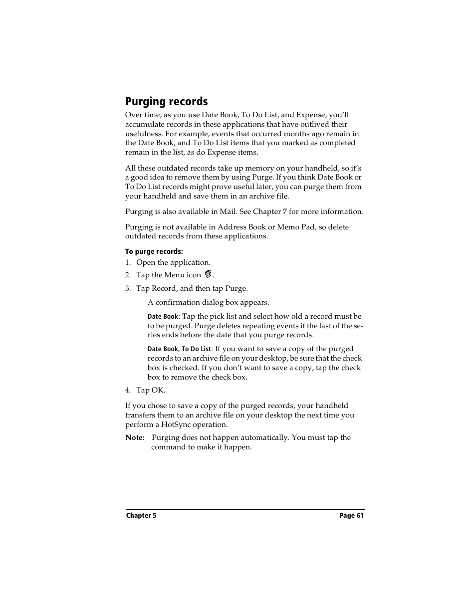 Purging records, To purge records | Handspring Visor Deluxe Handheld User Manual | Page 69 / 282