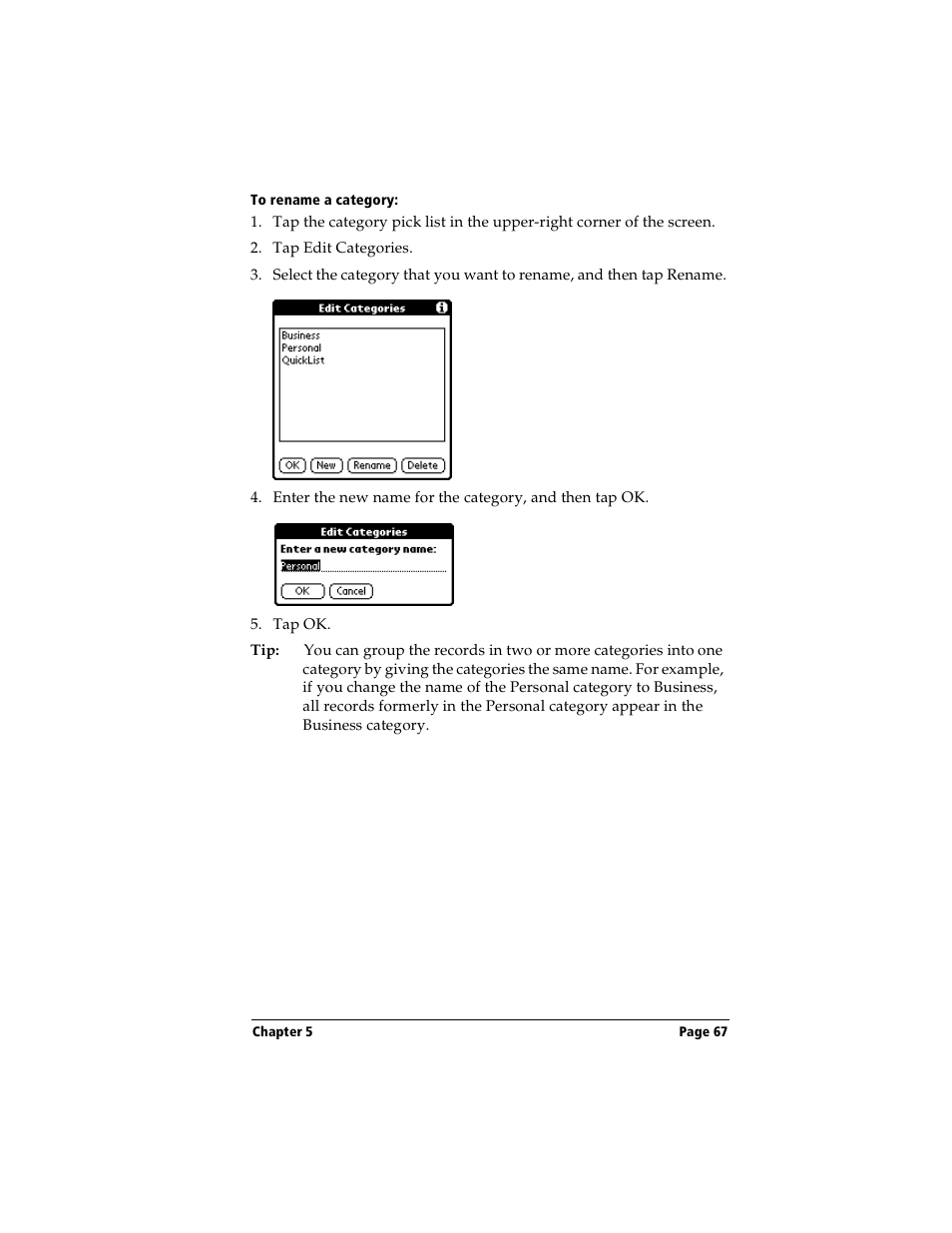To rename a category | Handspring Visor Deluxe Handheld User Manual | Page 75 / 282