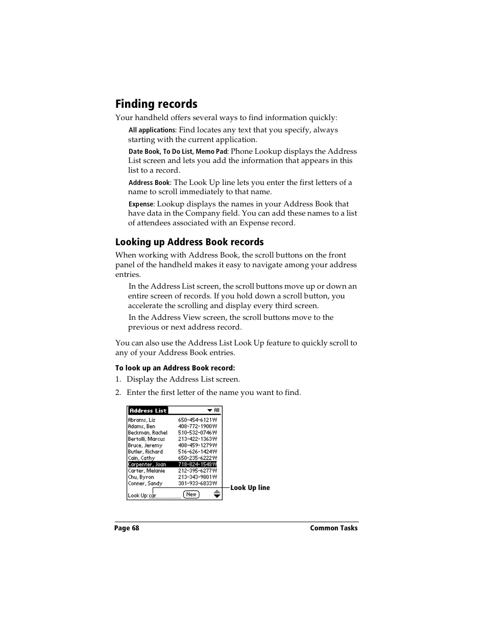 Finding records, Looking up address book records, To look up an address book record | Handspring Visor Deluxe Handheld User Manual | Page 76 / 282