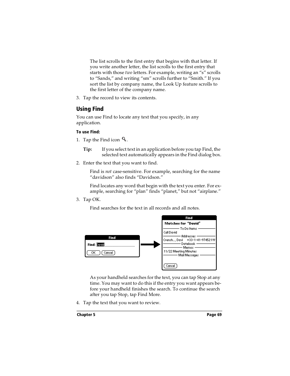 Using find, To use find | Handspring Visor Deluxe Handheld User Manual | Page 77 / 282
