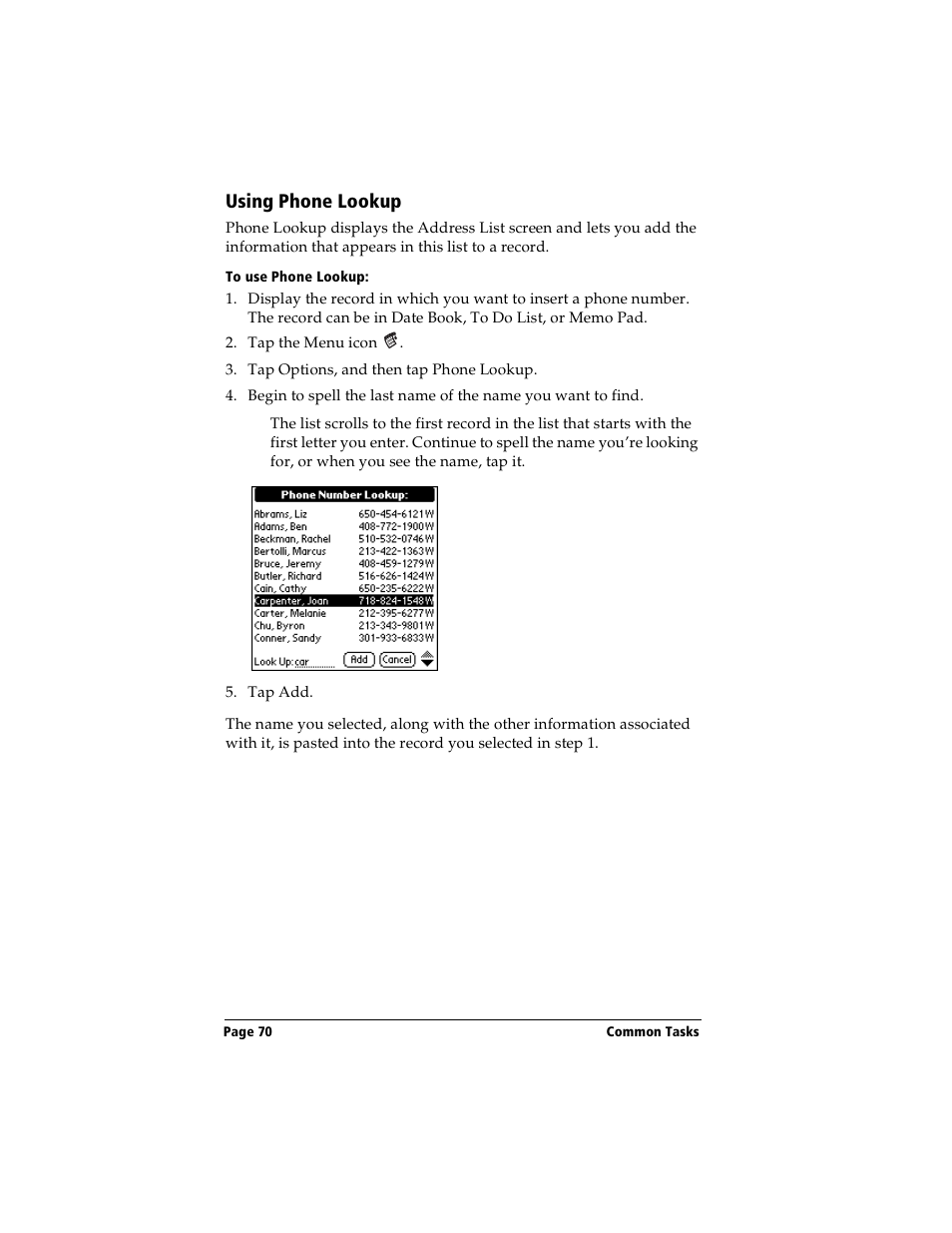 Using phone lookup, To use phone lookup | Handspring Visor Deluxe Handheld User Manual | Page 78 / 282
