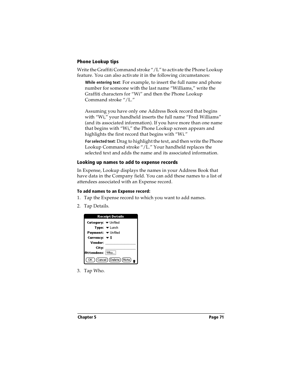 Phone lookup tips, Looking up names to add to expense records, To add names to an expense record | Handspring Visor Deluxe Handheld User Manual | Page 79 / 282