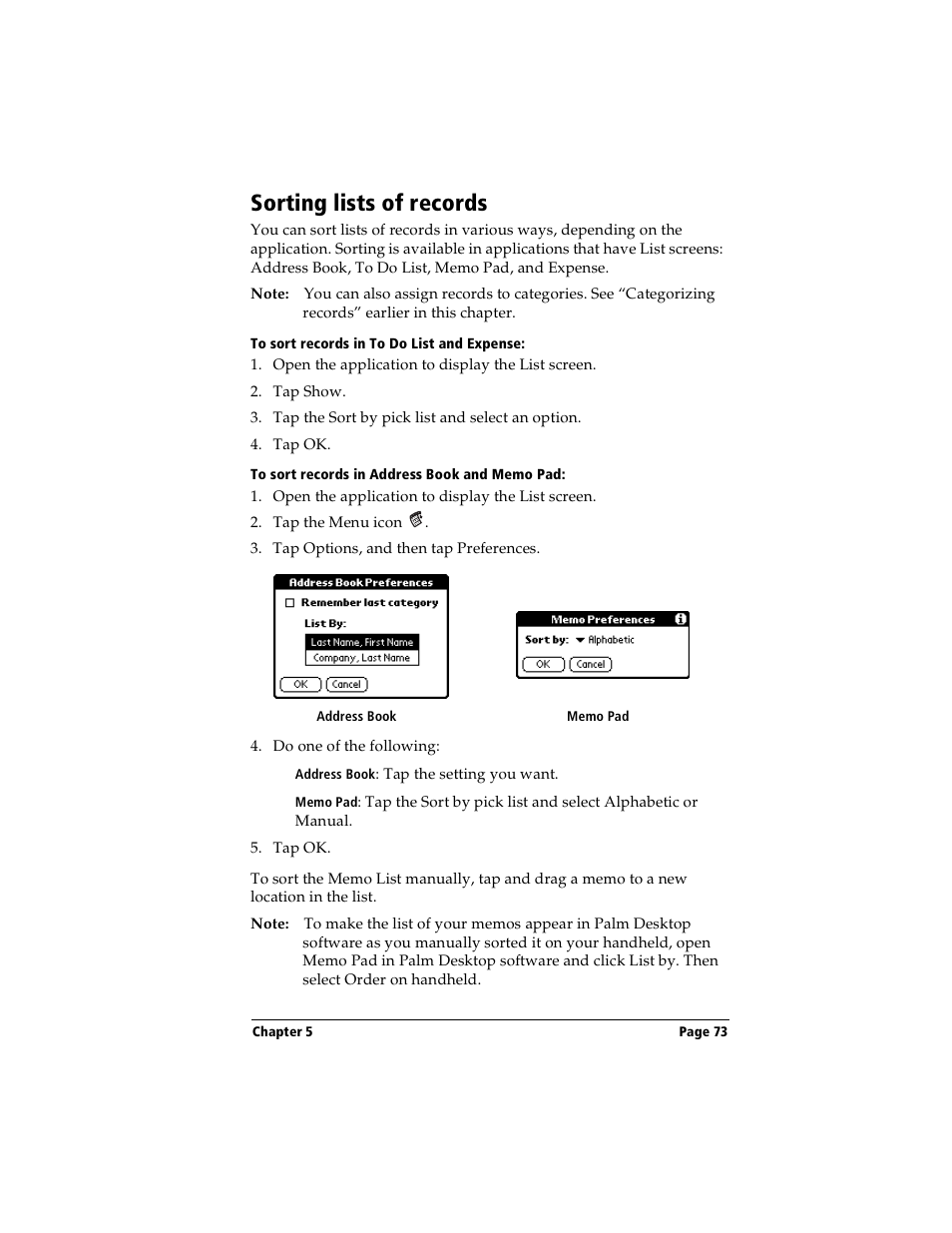 Sorting lists of records, To sort records in to do list and expense, To sort records in address book and memo pad | Handspring Visor Deluxe Handheld User Manual | Page 81 / 282