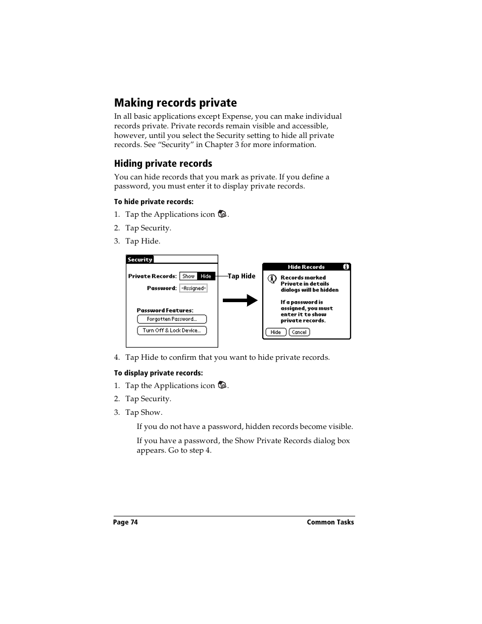 Making records private, Hiding private records, To hide private records | To display private records | Handspring Visor Deluxe Handheld User Manual | Page 82 / 282