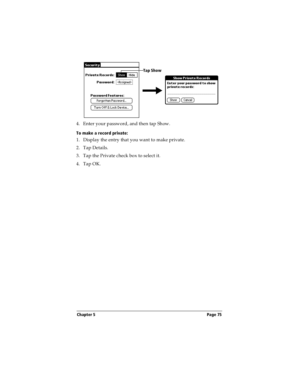 To make a record private | Handspring Visor Deluxe Handheld User Manual | Page 83 / 282