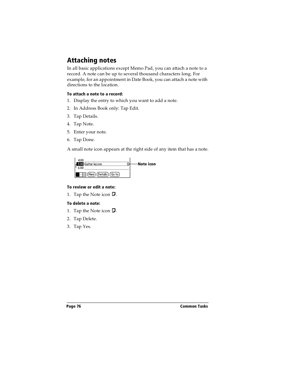 Attaching notes, To attach a note to a record, To review or edit a note | To delete a note | Handspring Visor Deluxe Handheld User Manual | Page 84 / 282