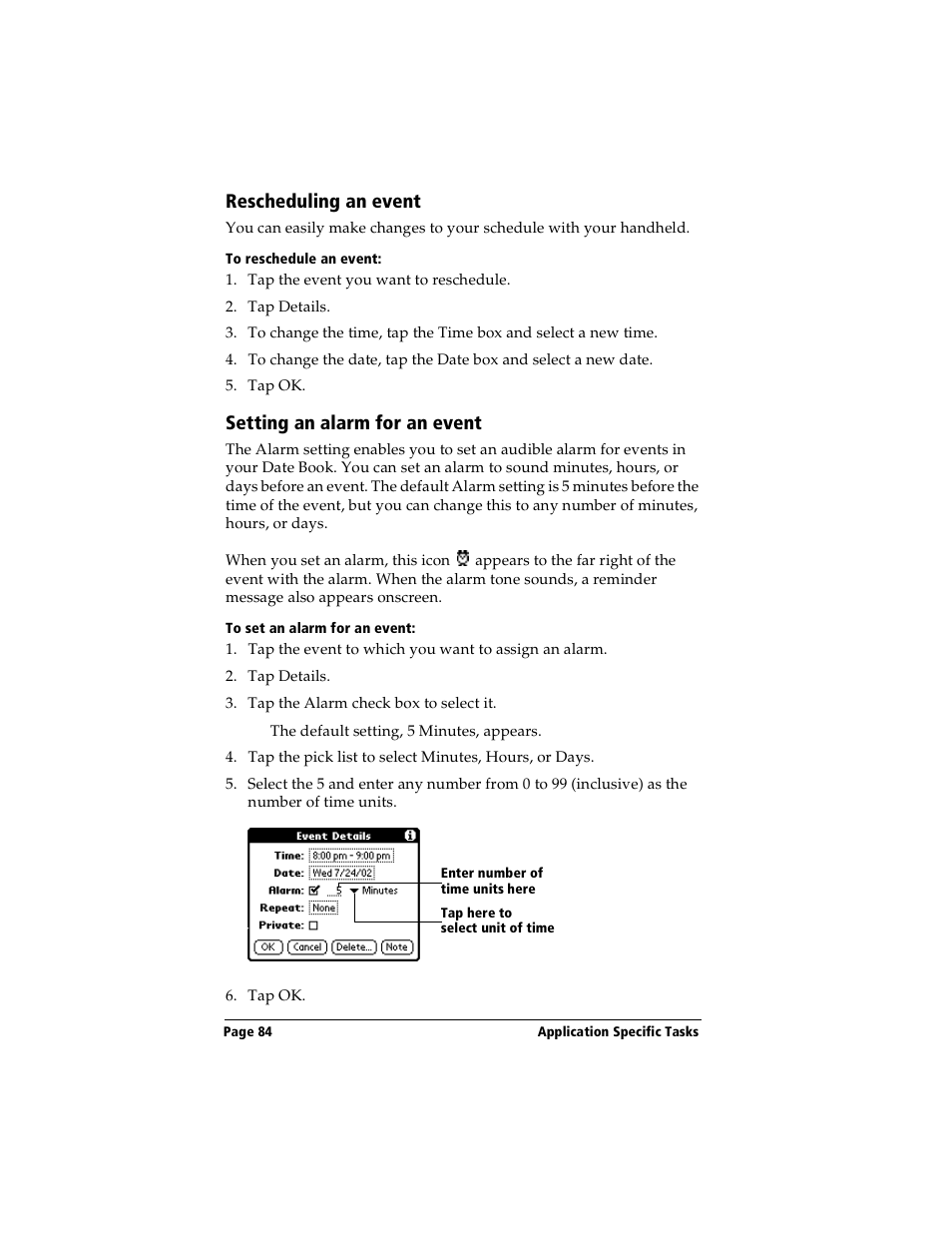 Rescheduling an event, To reschedule an event, Setting an alarm for an event | To set an alarm for an event | Handspring Visor Deluxe Handheld User Manual | Page 92 / 282