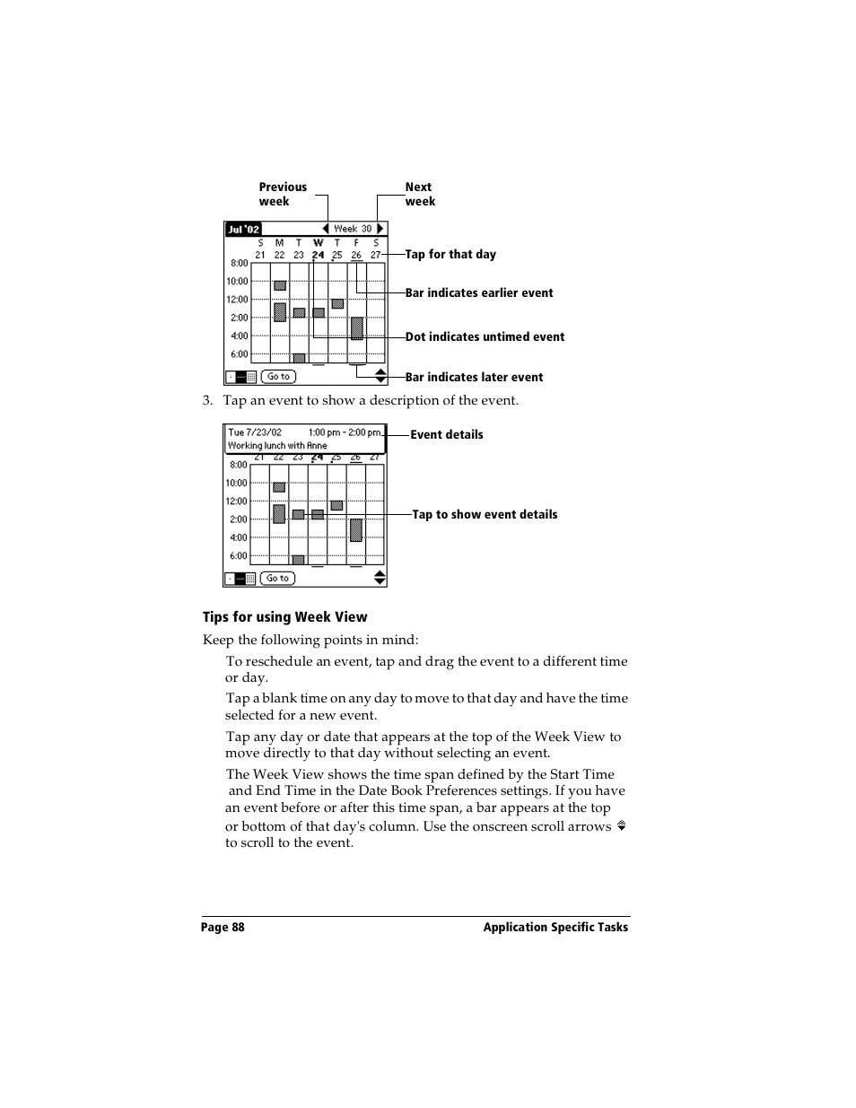Tips for using week view | Handspring Visor Deluxe Handheld User Manual | Page 96 / 282