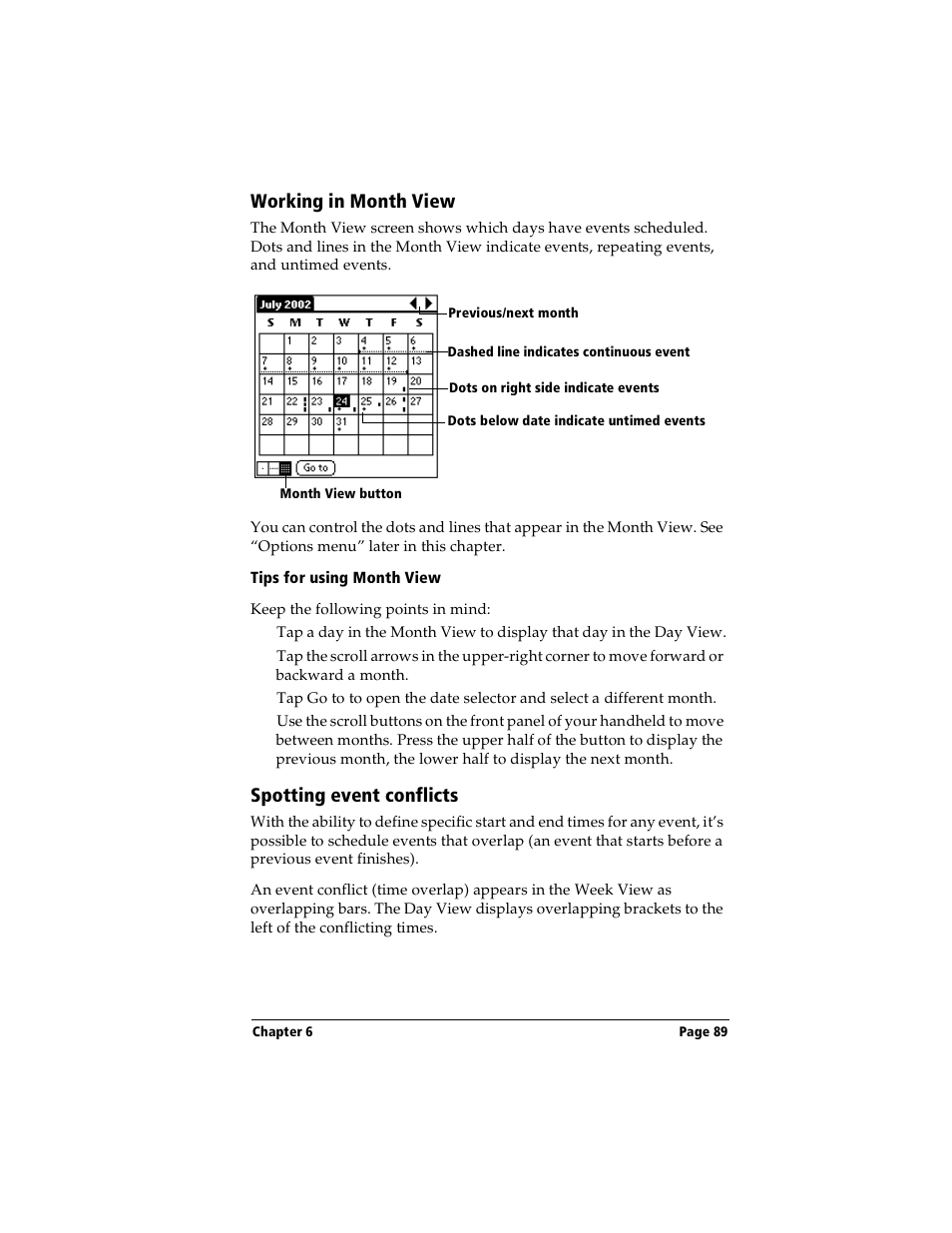Working in month view, Tips for using month view, Spotting event conflicts | Working in month view spotting event conflicts | Handspring Visor Deluxe Handheld User Manual | Page 97 / 282