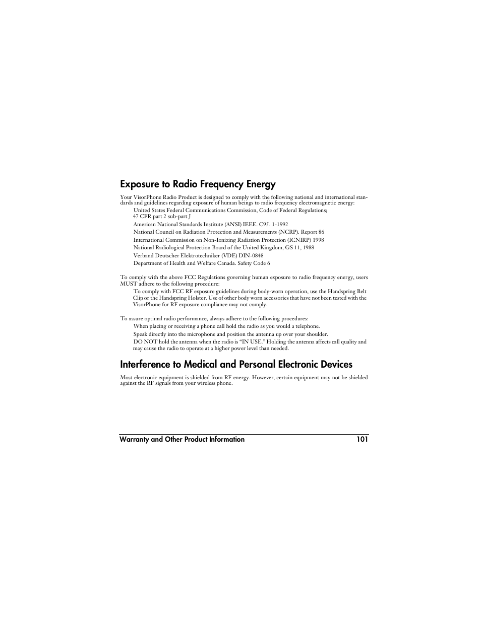 Exposure to radio frequency energy | Handspring VisorPhone User Manual | Page 107 / 116