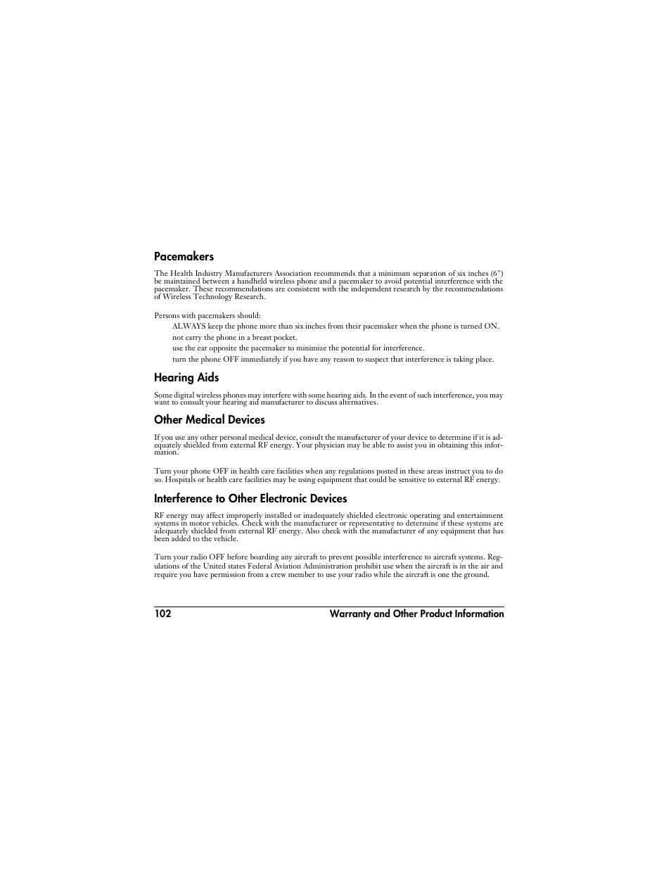 Pacemakers, Hearing aids, Other medical devices | Interference to other electronic devices | Handspring VisorPhone User Manual | Page 108 / 116