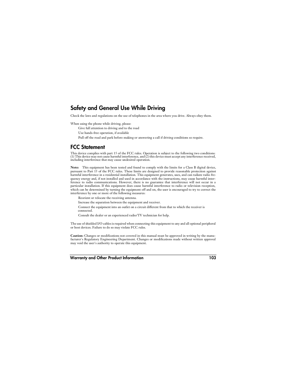 Safety and general use while driving, Fcc statement | Handspring VisorPhone User Manual | Page 109 / 116