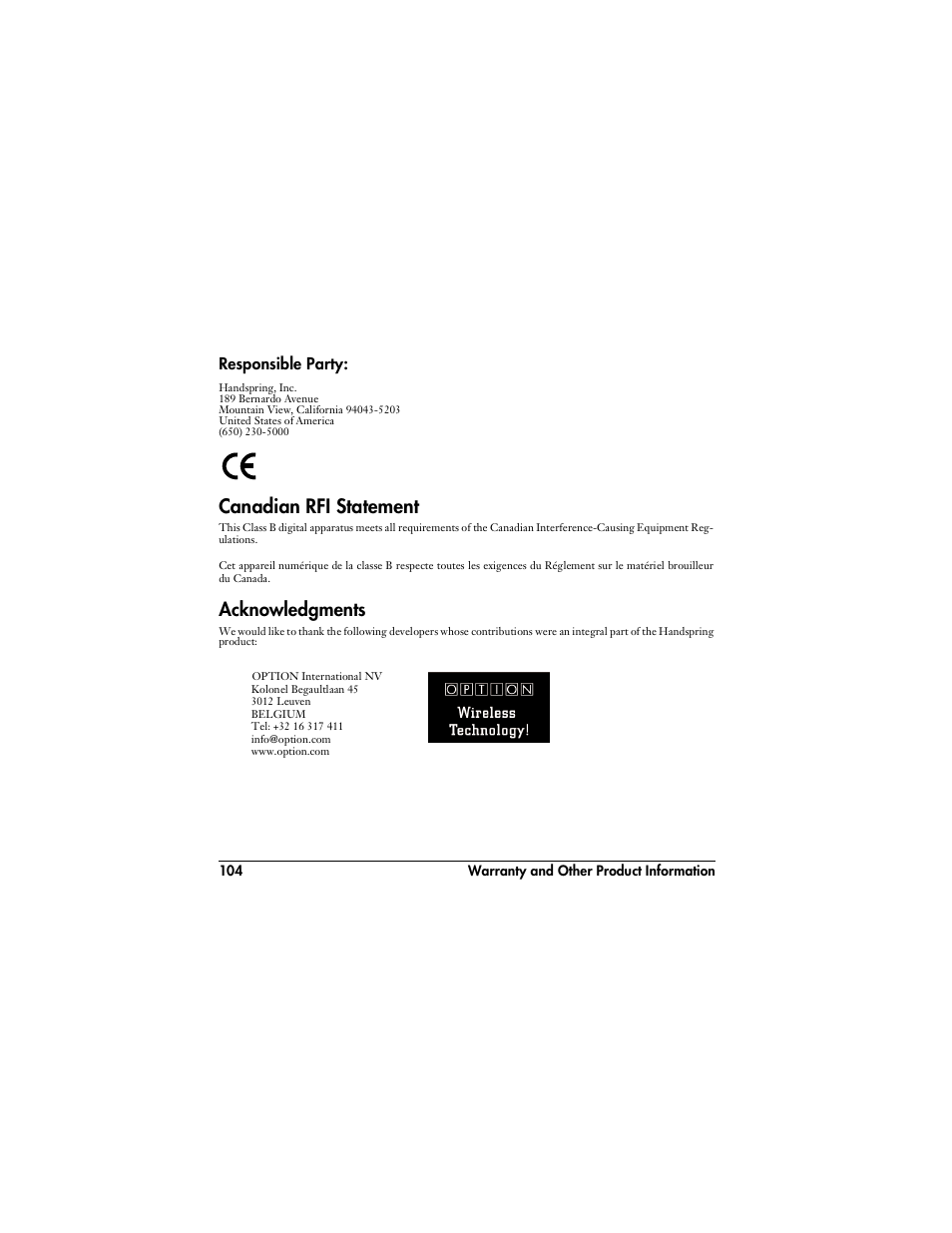 Responsible party, Canadian rfi statement, Acknowledgments | Handspring VisorPhone User Manual | Page 110 / 116