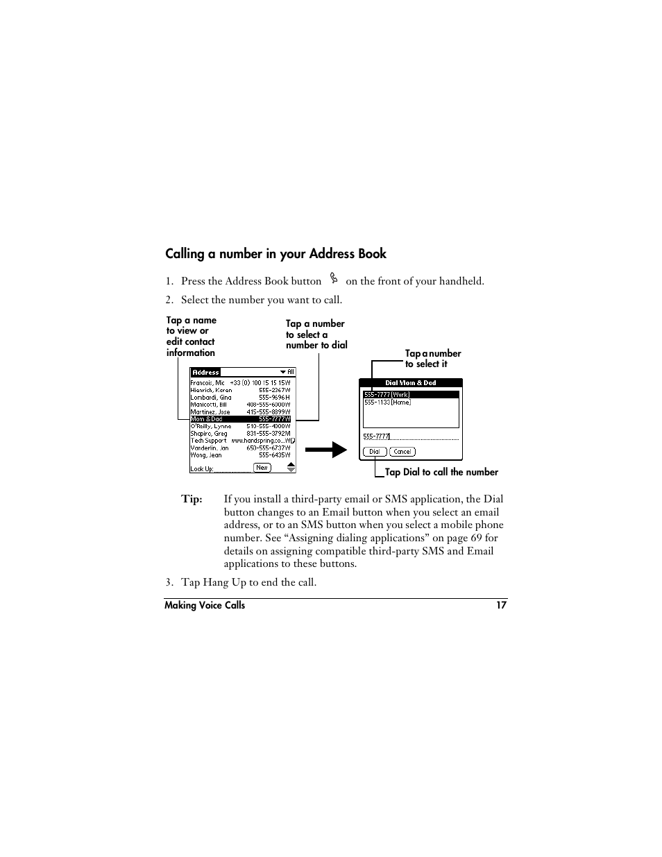 Calling a number in your address book | Handspring VisorPhone User Manual | Page 23 / 116