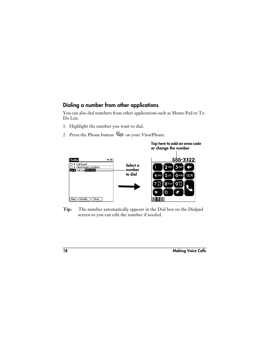 Dialing a number from other applications | Handspring VisorPhone User Manual | Page 24 / 116