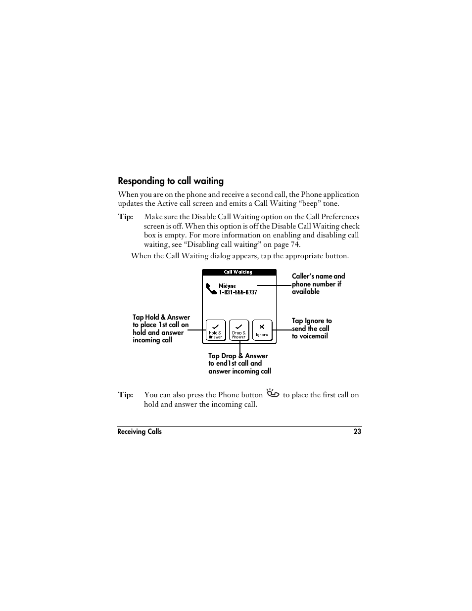 Responding to call waiting | Handspring VisorPhone User Manual | Page 29 / 116