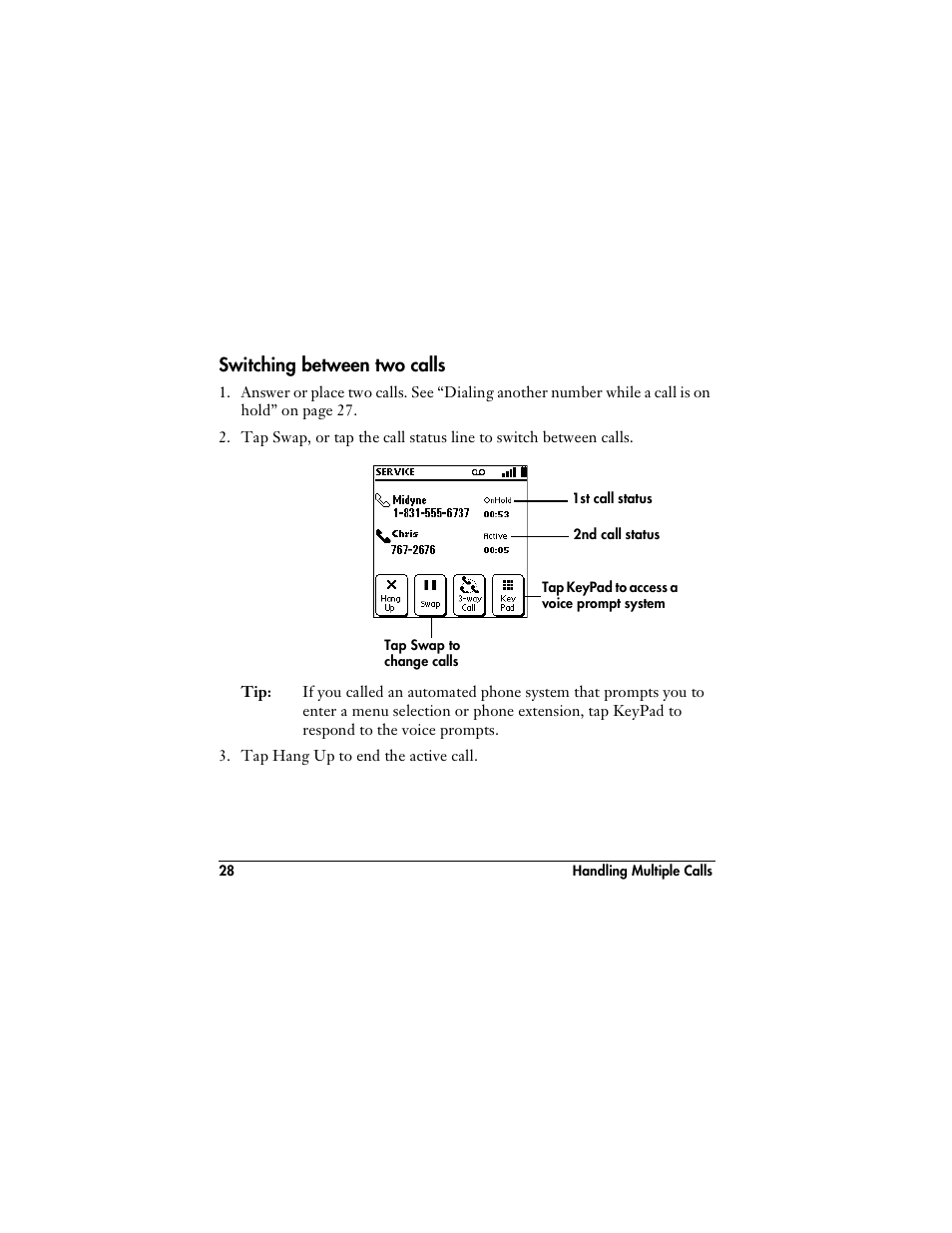 Switching between two calls | Handspring VisorPhone User Manual | Page 34 / 116