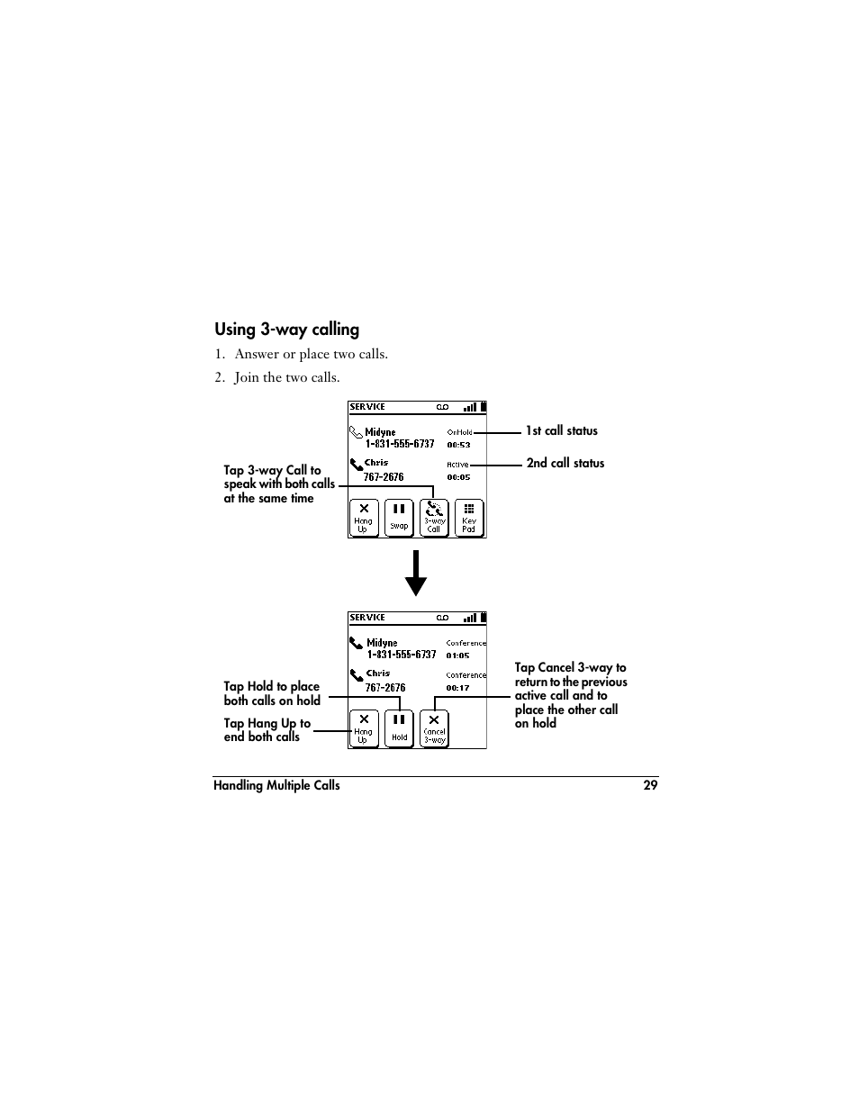 Using 3-way calling | Handspring VisorPhone User Manual | Page 35 / 116