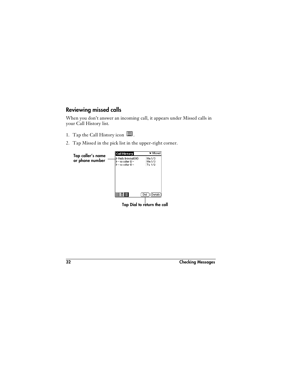 Reviewing missed calls | Handspring VisorPhone User Manual | Page 38 / 116