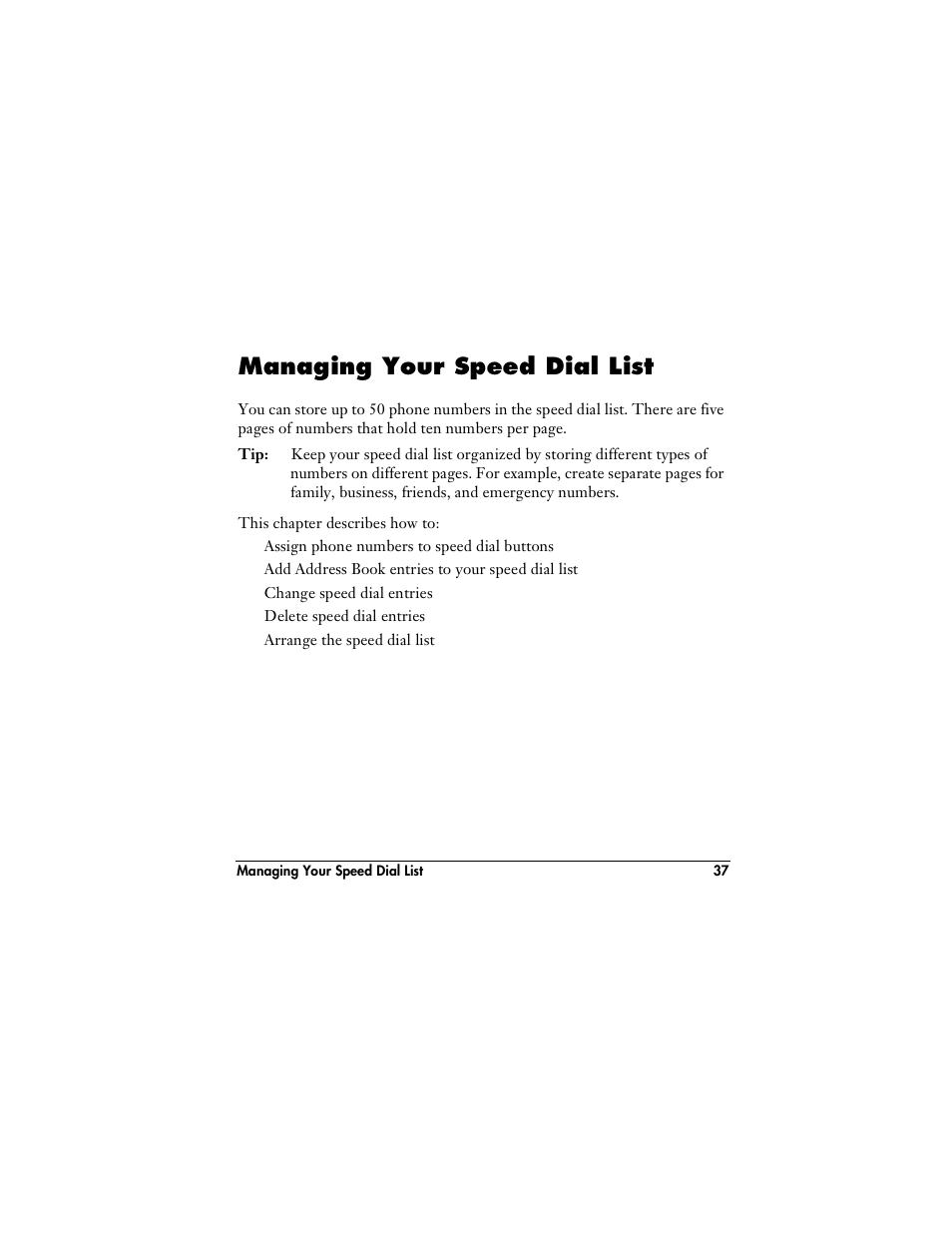Managing your speed dial list | Handspring VisorPhone User Manual | Page 43 / 116