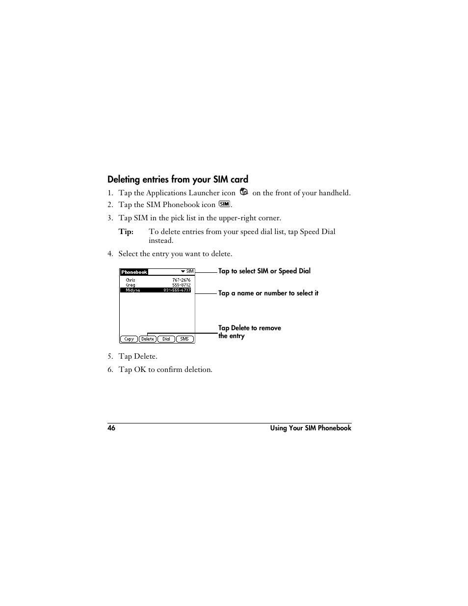 Deleting entries from your sim card | Handspring VisorPhone User Manual | Page 52 / 116