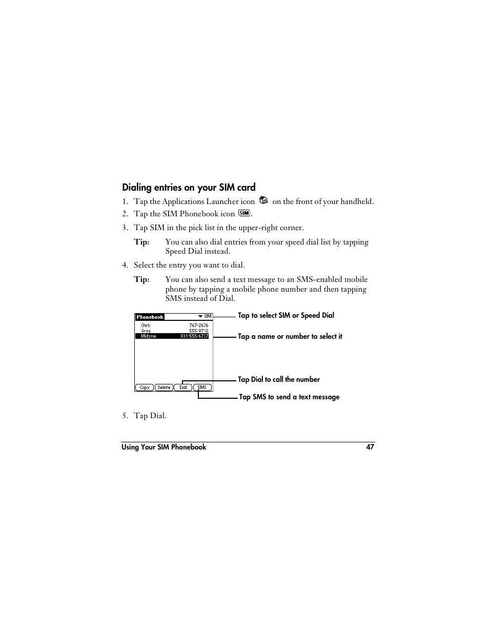 Dialing entries on your sim card, Changing the phone display | Handspring VisorPhone User Manual | Page 53 / 116