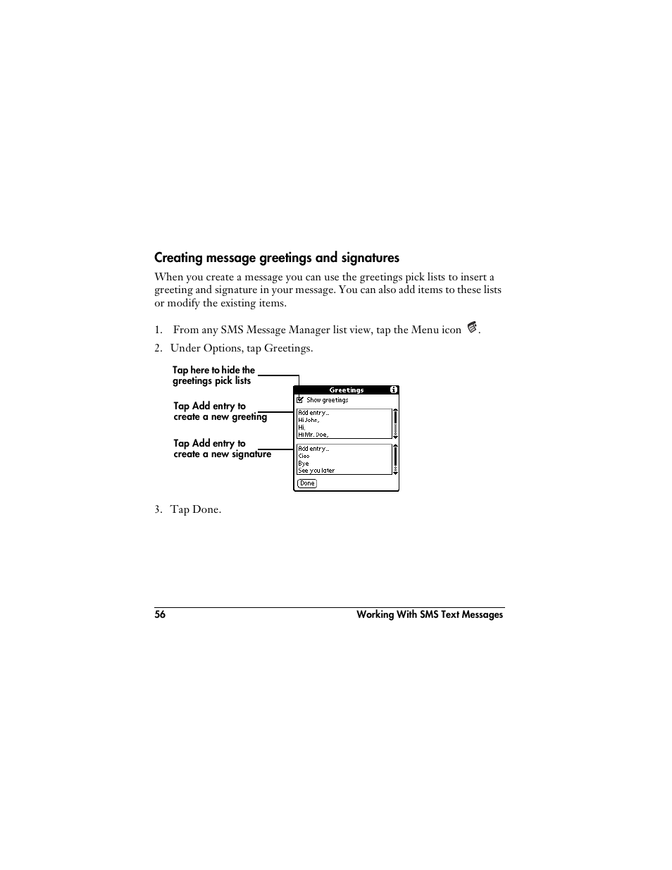 Creating message greetings and signatures | Handspring VisorPhone User Manual | Page 62 / 116