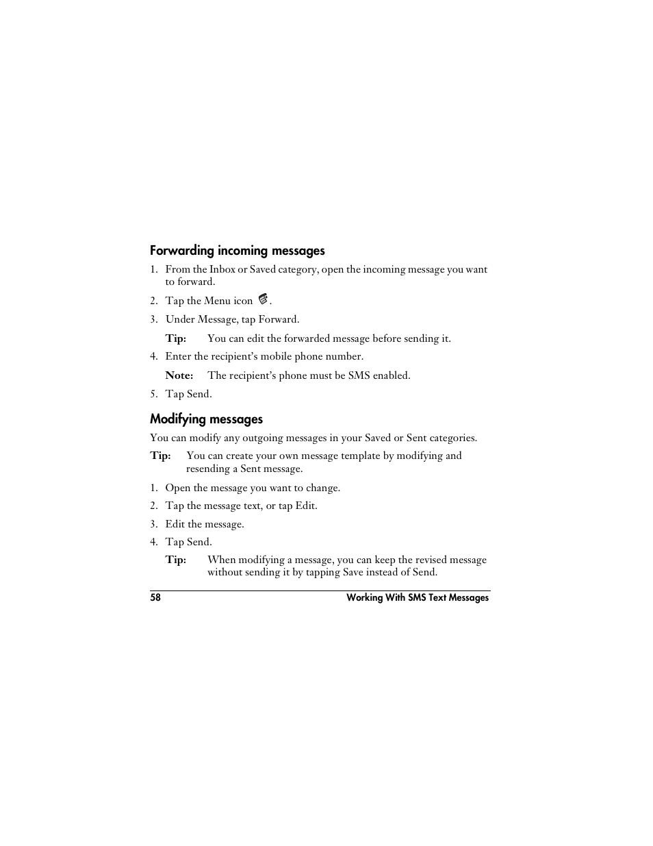 Forwarding incoming messages, Modifying messages, Forwarding incoming messages modifying messages | Handspring VisorPhone User Manual | Page 64 / 116