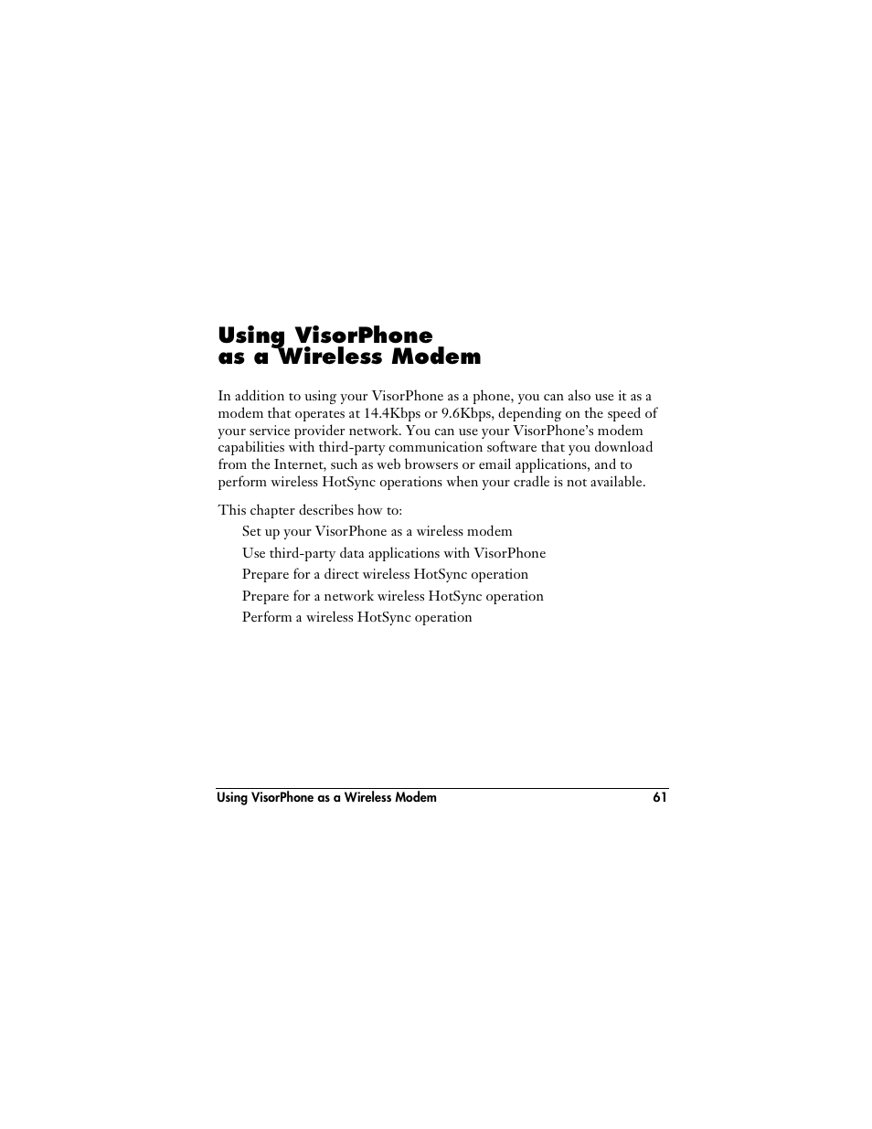 Using visorphone as a wireless modem | Handspring VisorPhone User Manual | Page 67 / 116