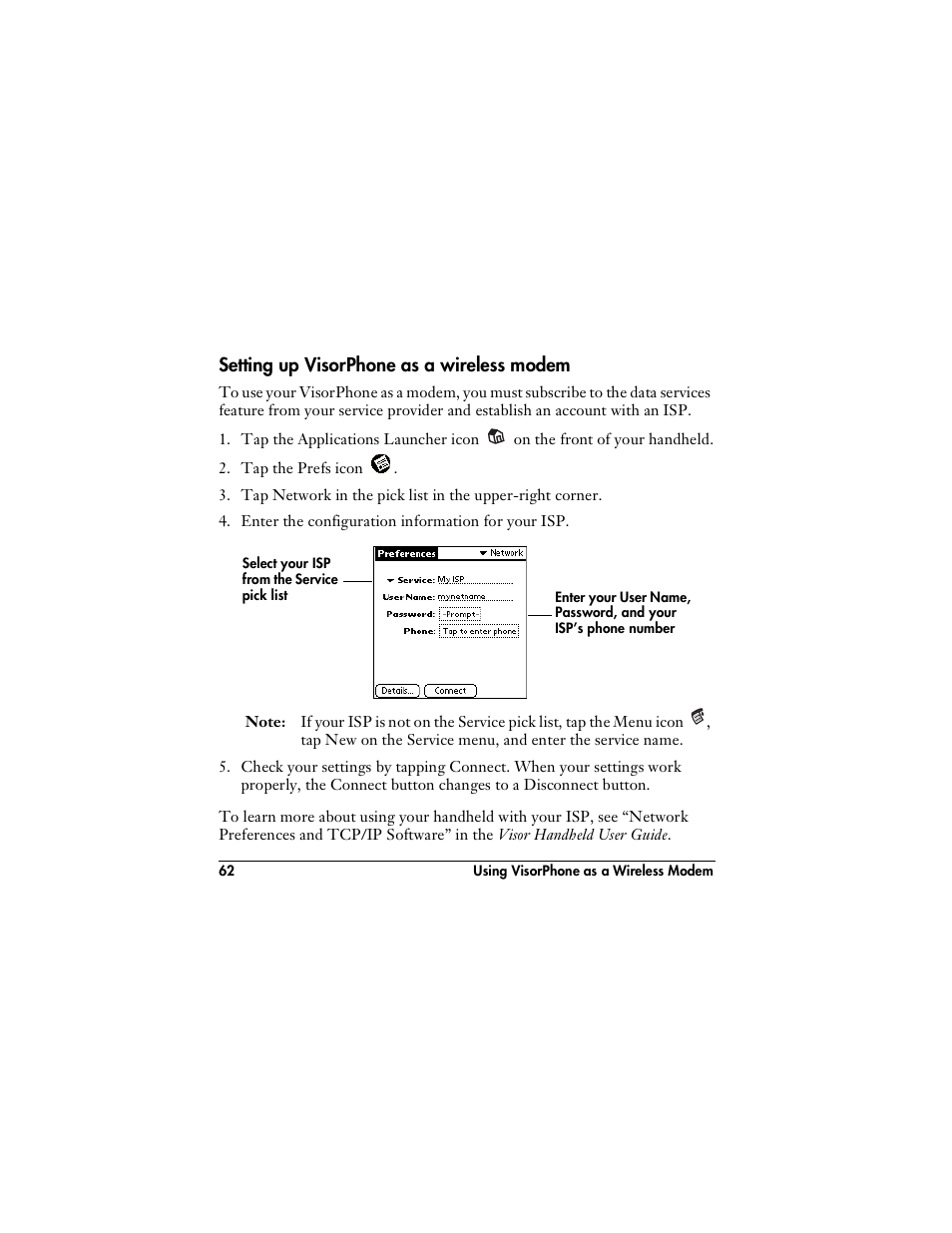 Setting up visorphone as a wireless modem | Handspring VisorPhone User Manual | Page 68 / 116