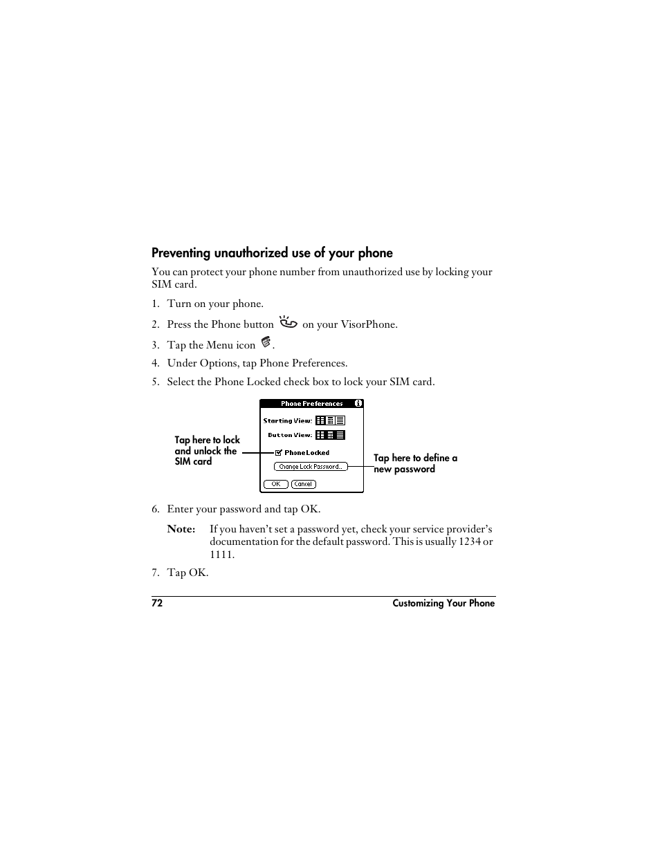 Preventing unauthorized use of your phone | Handspring VisorPhone User Manual | Page 78 / 116
